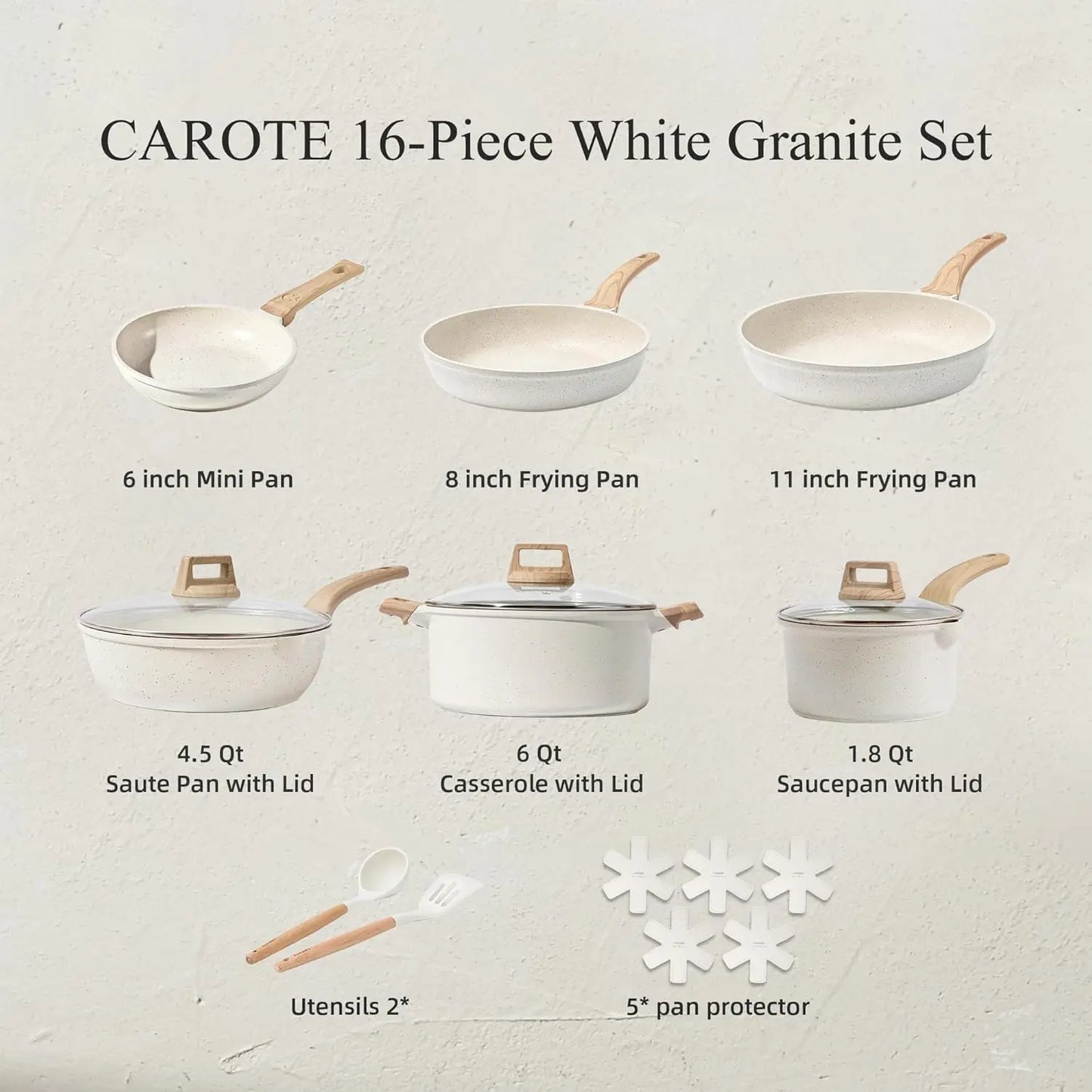 Carote White Granite 16-Piece Nonstick Cookware Set