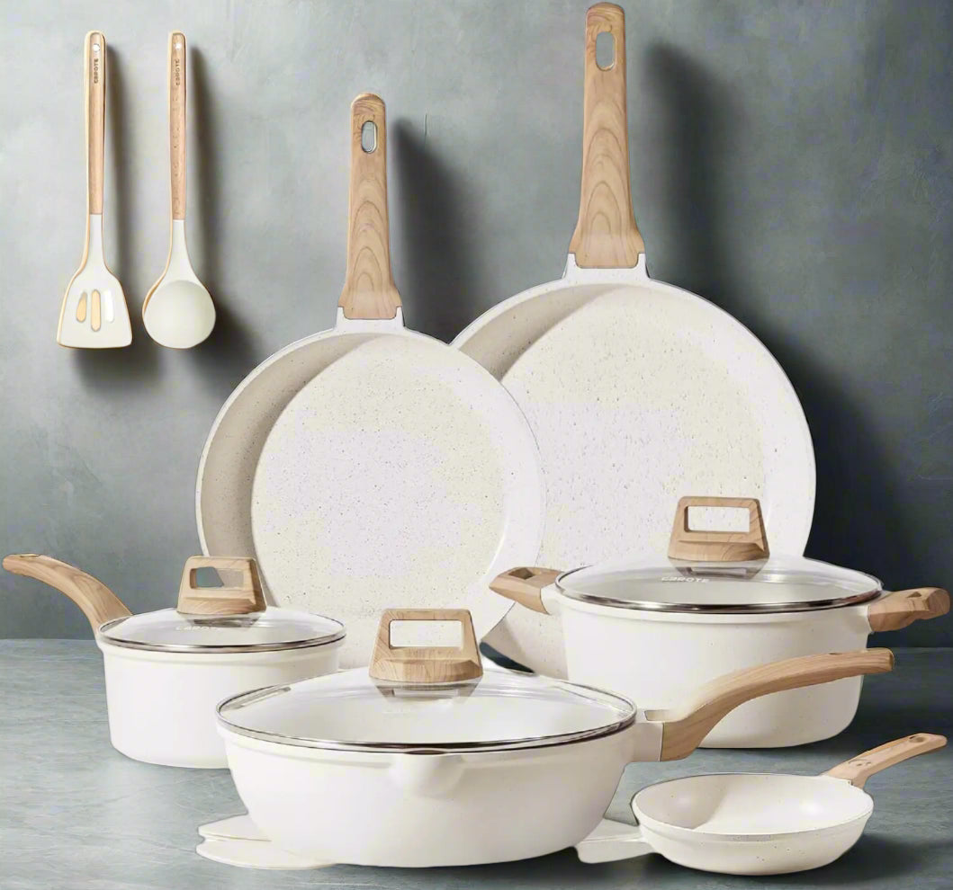 Carote White Granite 16-Piece Nonstick Cookware Set